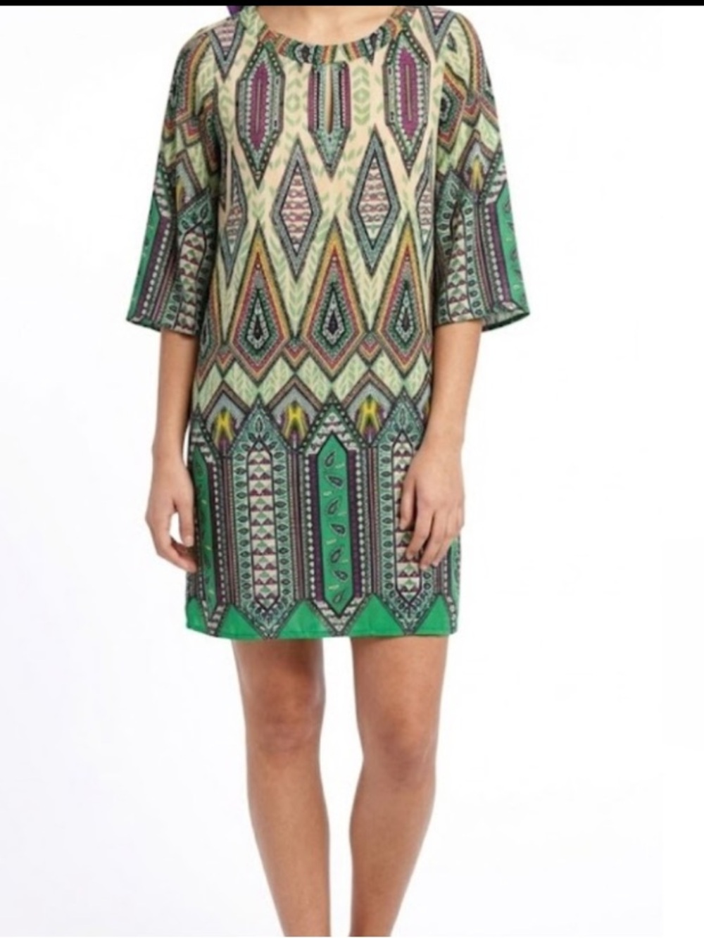 Boho Geometric Diamond Ikat Print Shift Dress Mini Dress S